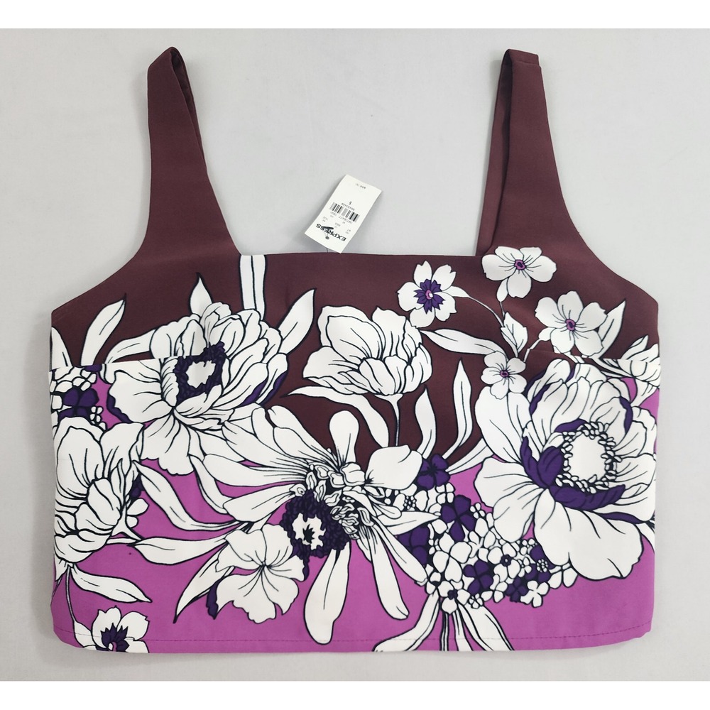 Express Floral Square Neck Tank Top Brown Purple Small 36453429 NEW